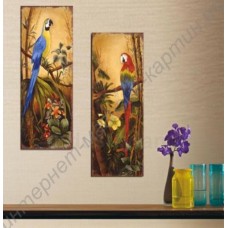 Модульная картина из 2 секций: попугаи на ветке, выполненная маслом на холсте